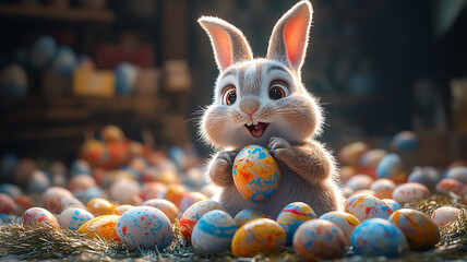 Cute spring bunny with colorful Easter eggs in a basket celebrates the holiday tradition