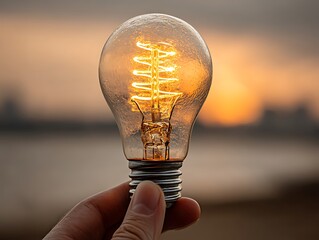 Hand Holding Lightbulb Sunset. (1)