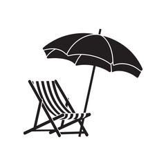 Silhouette of Tropical Beach scene with umbrella and chair on white background, perfect for summer relaxation
