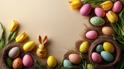 Colorful easter eggs and flowers in a spring basket are a traditional holiday decoration