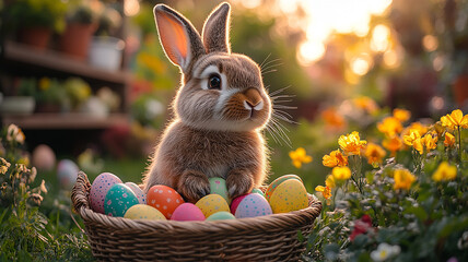 Cute pink Easter bunny with colorful eggs in a basket celebrates the spring holiday