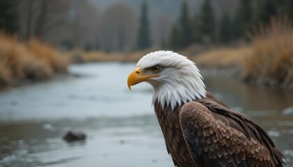 Obraz premium Majestic Bald Eagle by Riverbank, Autumnal Landscape