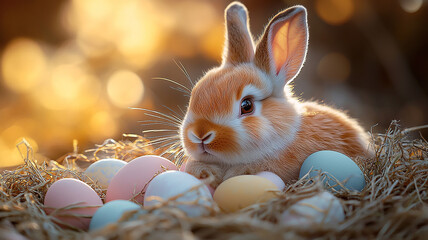 Cute spring easter bunny with colorful eggs in a basket celebrates the holiday