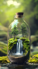 Miniature waterfall with trees and plants inside glass jar high resolution photo