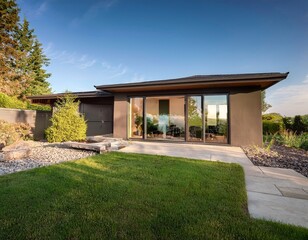 modern home with large glass windows and back yard