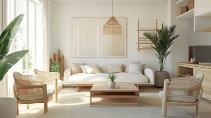 A modern living room is bright and beautifully decorated with plants