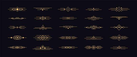 Art deco gold dividers. Vintage ornament headers. Retro 1920s decorative border for text, book page, newspapers. Line geometric vignette decor and elements. Vector divider set