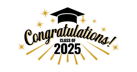 Congratulations class banner. Graduation class of 2025 greeting card with graduation caps, stars, firework, lettering. Getting diploma ceremony vector poster