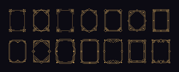 Art Deco golden frame. Vintage line ornaments border. Decorative geometric outline element. Retro 1930s minimalist frames for wedding invitations, certificates. Vector collection