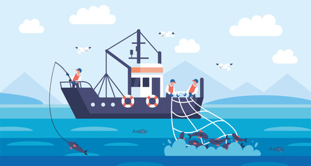 Fishing on vessel boat. Cartoon fishing ship with sailors. Sea fishing industry works. Fishermen catching marine food with net on ocean. Commercial fisher vessels. Vector illustration