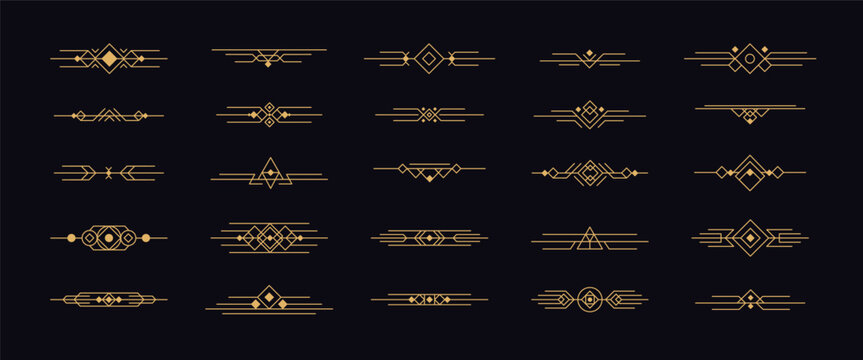 Art deco gold dividers. Vintage ornament headers. Retro 1920s decorative border for text, book page, newspapers. Line geometric vignette decor and elements. Vector divider set