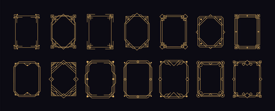 Art Deco golden frame. Vintage line ornaments border. Decorative geometric outline element. Retro 1930s minimalist frames for wedding invitations, certificates. Vector collection