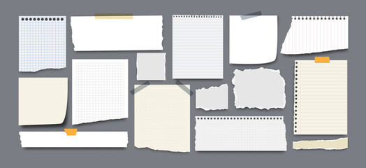 Paper notes and blank. Torn stickers, ripped paper pieces. Attached tape, gridded note sheets, sticky notebook piece for text. Craft scrapbooking. Vector message board