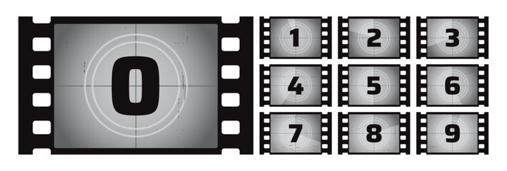 Film countdown frame. Retro movie reel. Counted down numbers. Visual element cinema projection. Circular timer, bold numbers count down from 0 to 9. Vector video project