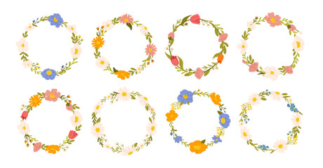 Flower wreath. Circle floral frame. Decorative botanical round circles with various flowers, leaves, branches. Spring botanical elements. Rose, daisy, peonies blooms. Vector set