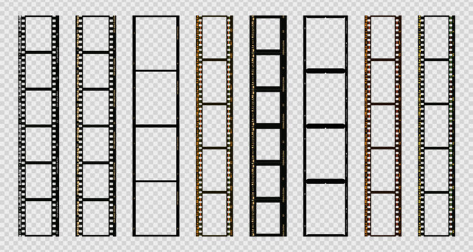 Photo strip frame. Camera roll frames in different styles. Vintage movie filmstrip. Overlay long film border. Photo booth for social media, lifestyle video. Vector set