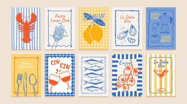 Hand drawn food posters. Doodle Mediterranean cuisine with text quote. Template La Dolce Vita style with seafood, vegetable, pasta, drink for cafe social media. Vector set