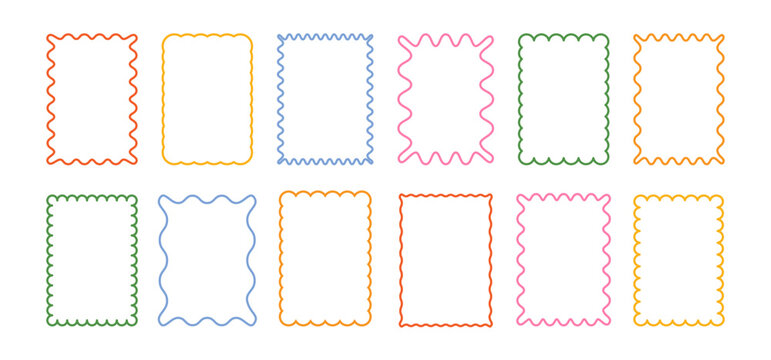 Wavy frame. Abstract waved shape boards. Retro colorful rectangle with outline curly, curvy photo frame. Line decorative boxes for text poster, card, sticker. Vector set