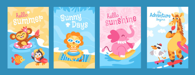 Fototapeta premium Summer holiday animals card. Cute vacation poster with animal and bird. Funny monkey eating ice cream, giraffe with seagull on skateboard, lion on rug. Season posters. Vector set