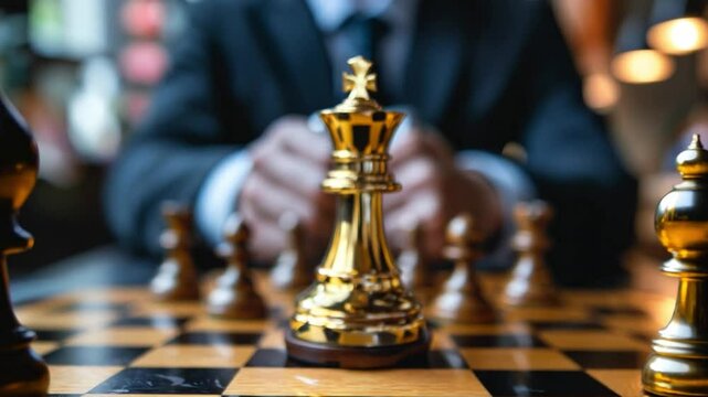 A golden king chess piece stands tall at the forefront of a wooden chessboard, while a player contemplates their next move, surrounded by a warm ambiance.