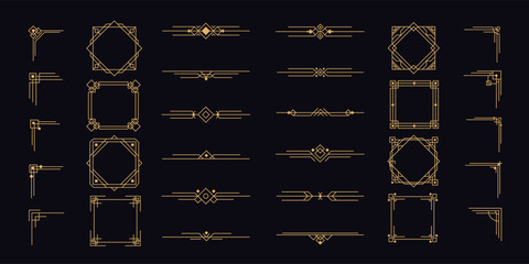 Art deco border. Modern geometric line frame. Vintage 1920s style line gold ornaments. Retro decorative 1930s dividers, frames, labels, borders. Luxury classic elegance vector set
