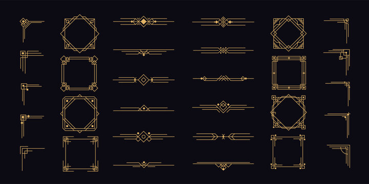 Art deco border. Modern geometric line frame. Vintage 1920s style line gold ornaments. Retro decorative 1930s dividers, frames, labels, borders. Luxury classic elegance vector set