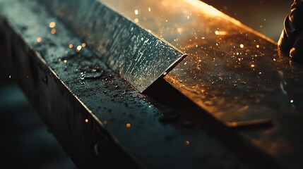Sheet metal worker cutting steel with an industrial shear. Featuring strength and accuracy