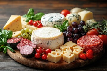 A Delicious Presentation of Cheese Salami Fruits and Vegetables