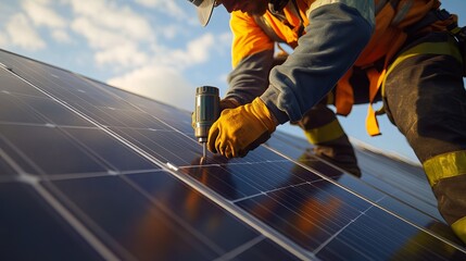 Solar panel technician fastening mounting brackets. Featuring green energy and efficiency