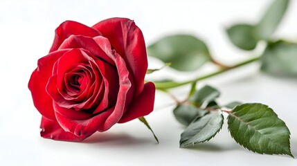 Vibrant red rose resting delicately on a white surface surrounded by its lush green leaves showcasing natural beauty and elegance