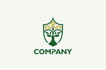 Obraz premium Logo Design Template of Minimalistic green tree in shield design logo representing growth, sustainability, and eco-responsibility. Ideal for green business branding.
