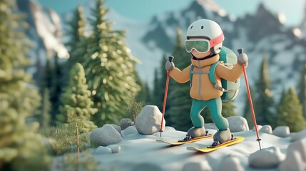 Fototapeta premium hiker scout explorer, curved lines, 3D forest, trees, stones, cartoon scenery. camp, hiking and outdoor adventure. 3d illustration 