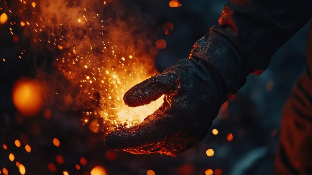 Steel mill worker pouring molten metal into molds. Featuring industrial heat and precision