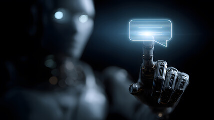 A futuristic cyborg engages with a digital speech bubble, the scene highlighting artificial intelligence's evolving communication.