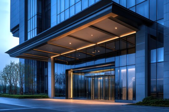 A grand corporate hotel entrance with a pristine glass steel design soft diffused a dramatic modern overhang enhancing the elite
