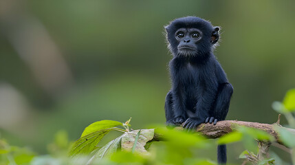 Fototapeta premium Wet Black Baby Monkey Sitting on Branch in Lush Green Forest