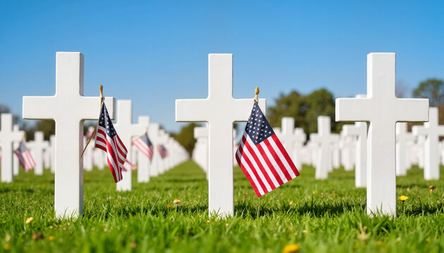 American flags displayed on graves during Memorial Day  