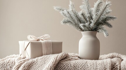 Minimalist Christmas scene photo with ribbon-wrapped presents, candied pine branches in a vase, and a cozy knitted blanket.