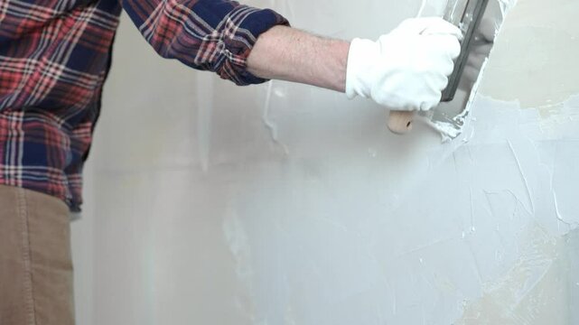 Unknown male construction worker wearing protective gloves smoothing plaster on interior wall during home renovation, applying material with professional trowel technique, close-up