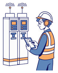 Vector of a smart industry worker monitoring machines using a digital tablet, isolated on white background.
