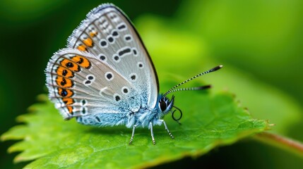 Obraz premium Photo of a small butterfly on a green leaf.