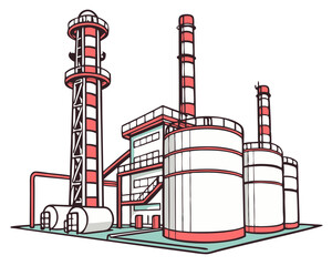 Vector of a large oil refinery with towers, tanks, and pipelines, isolated on white background.

