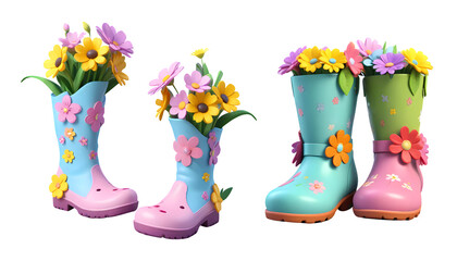 3d rendering flowers in colorful spring boots isolated on transparent background, PNG file add