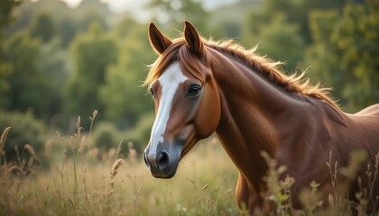 Fototapeta premium Chestnut Horse Portrait, Golden Hour Meadow, Star-Blaze Marking