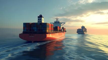 two large cargo ships transporting goods across vast expanses of water. in the foreground, one ship is prominently featured on the left side of , while the other is partially visible in the