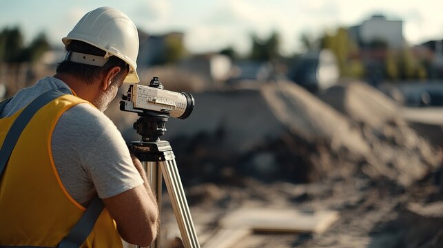 Surveyor taking measurements for a construction site. Featuring land evaluation and technical skills