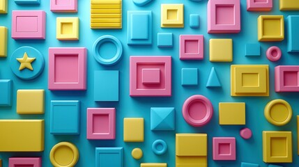 Abstract Colorful Geometric Shapes Background: A vibrant 3D render featuring a playful arrangement of squares, circles, and other geometric forms in pink, yellow, and blue.