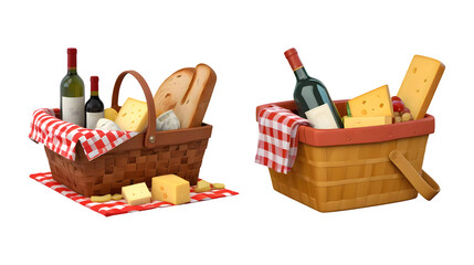 3d rendering picnic baskets with wine, cheese and bread isolated on transparent background, PNG file add