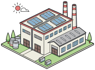 Vector illustration of a factory using solar panels for energy production, isolated on white background.
