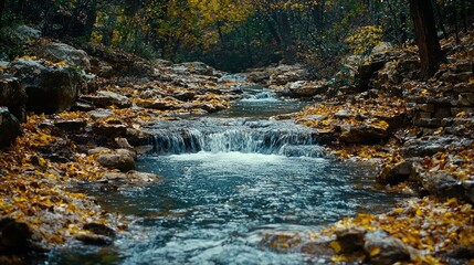 Autumnal Stream in the Forest: Tranquil Waterfall Scene
